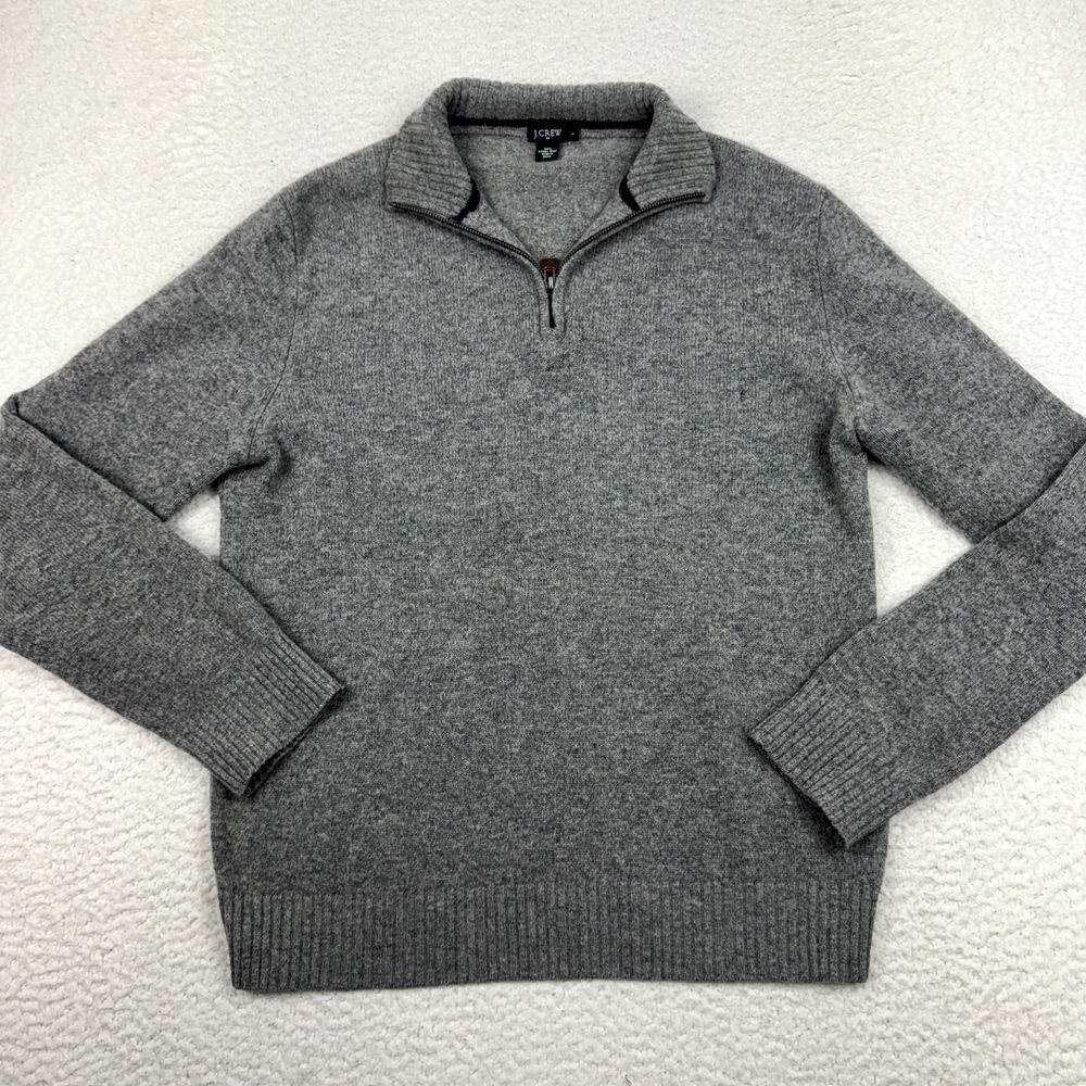 J. Crew Lambs Wool Sweater Men's Large Gray Long Sleeve‎ 1/4 Zip Pullover *Hole